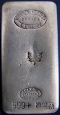 20-Ounce (oz) Johnson Matthey Silver Bar, Poured, No Serial Number, Obverse