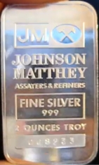 2-Ounce (oz) Johnson Matthey Silver Bar, Variety B, Obverse