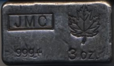 3-Ounce (oz) Johnson Matthey Silver Bar, Old Style, Obverse