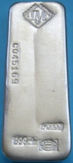 50-Ounce (oz) Johnson Matthey Silver Bar, Poured, Serial Number, Obverse