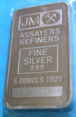 5-Ounce (oz) Johnson Matthey Silver Bar, Variety A, Obverse