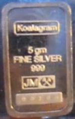 5-Gram (g) Johnson Matthey Silver Bar, Koalagram, Obverse