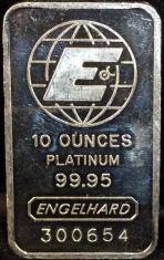 10 ounce (oz) Engelhard Platinum Bar, Large 'E' Logo, Obverse